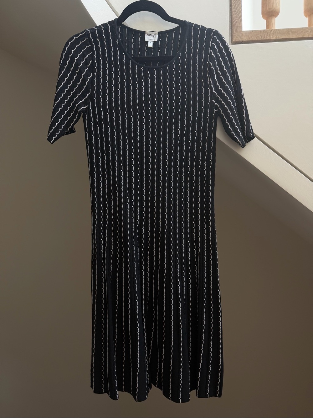 Armani Collezioni Black Dress with White Scallop Stripes - Midi